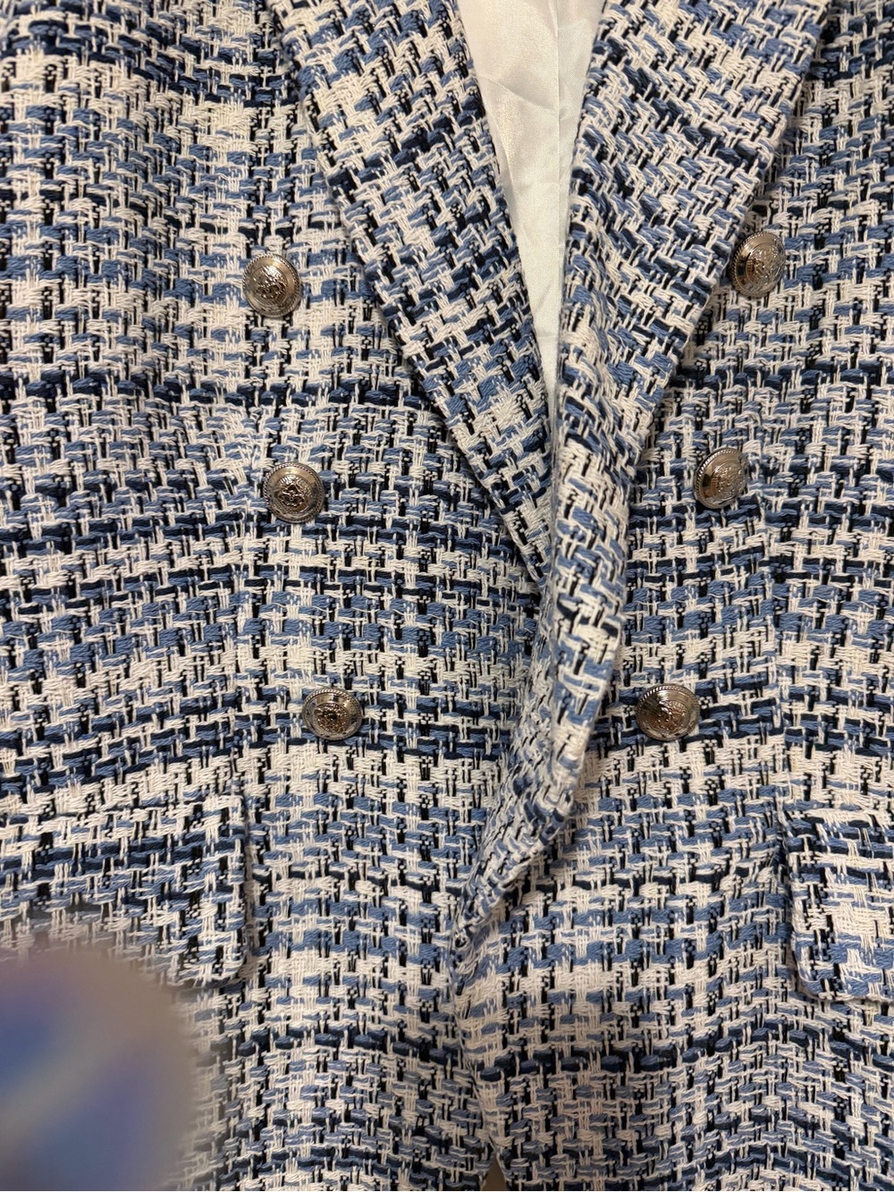 Rachel Zoe Light Blue & White Tweed Double-Breasted Blazer - Picture 2 of 3